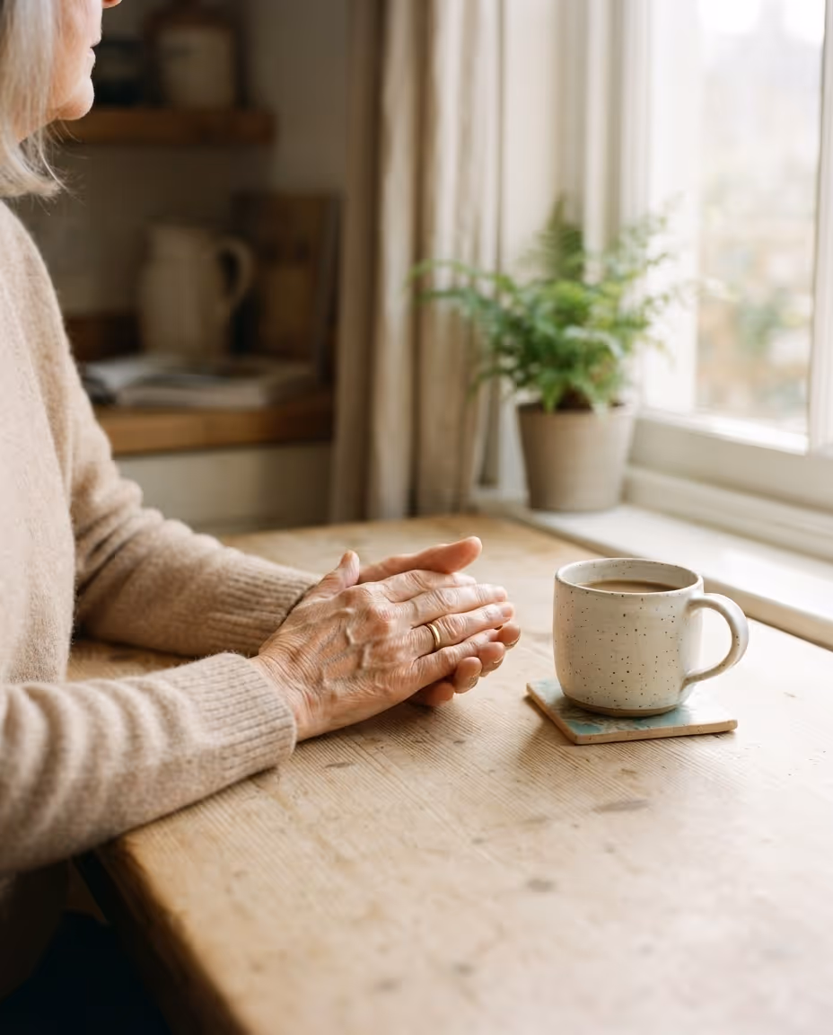 Mãos de uma pessoa idosa apoiadas numa mesa de madeira ao lado de uma xícara de café, com luz de janela