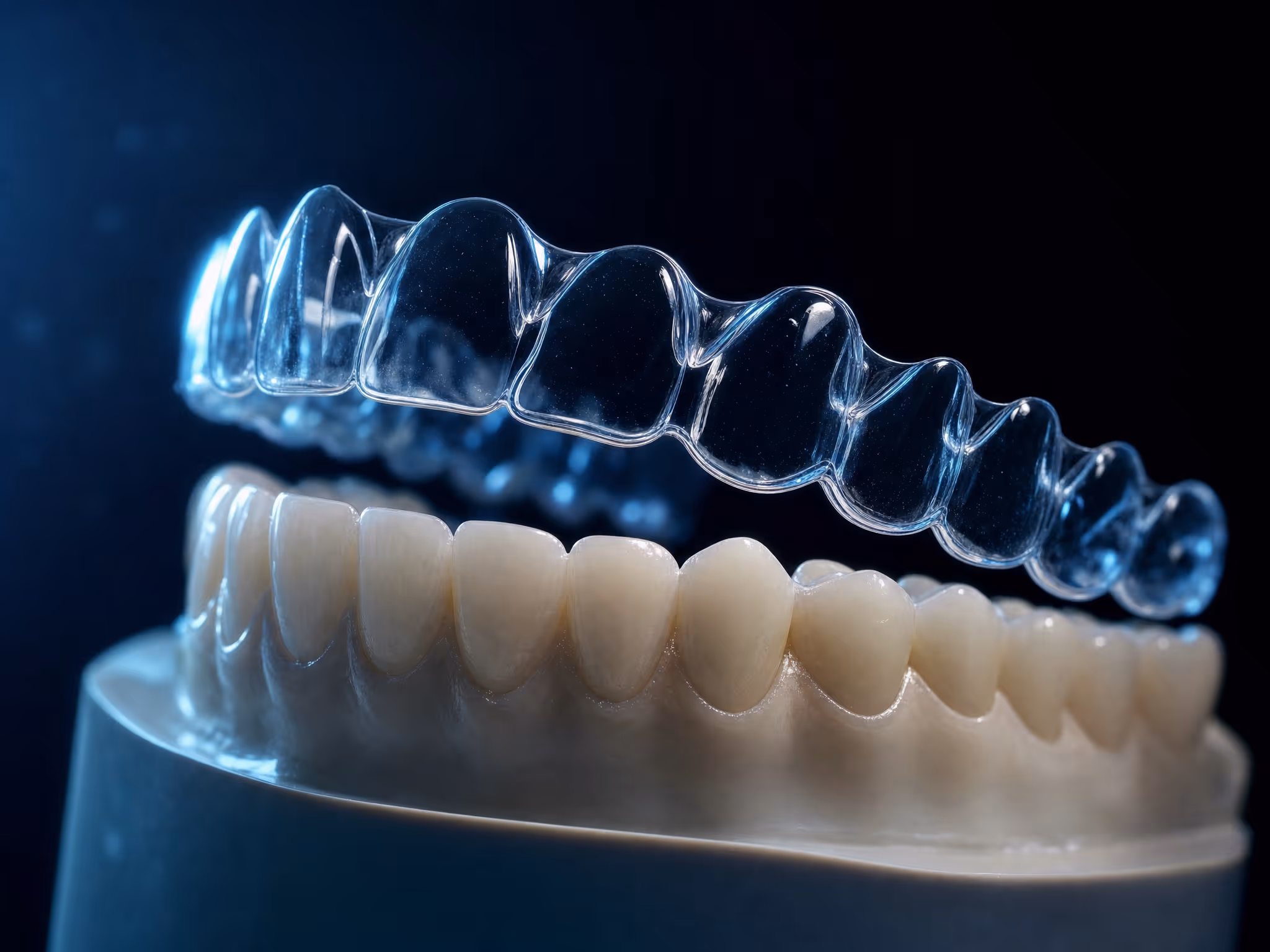 Alinhador transparente sendo encaixado sobre um modelo tridimensional da arcada
