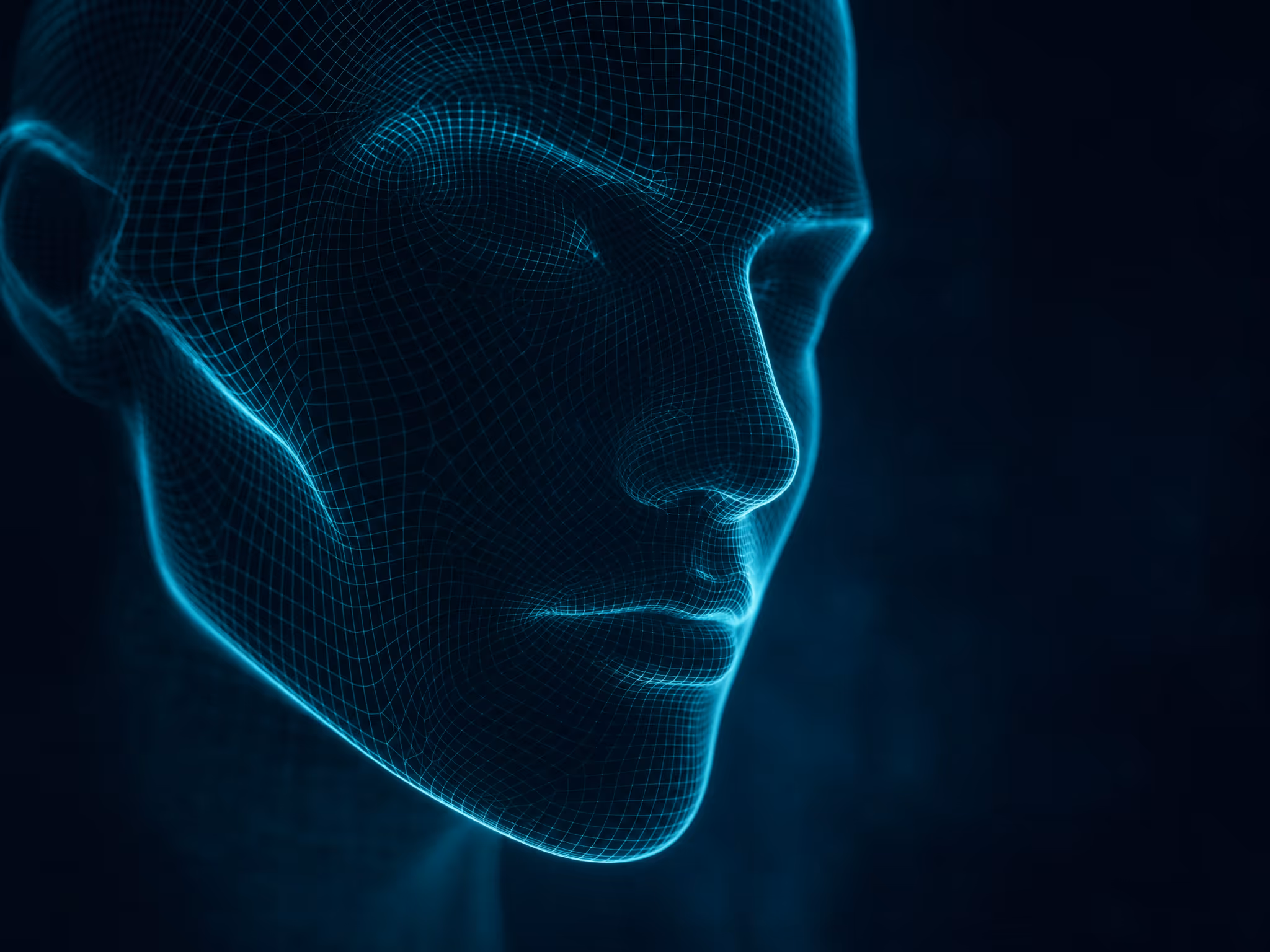 Topologia tridimensional de um rosto representada em malha luminosa